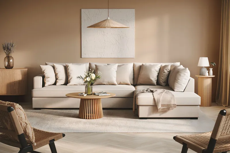 Rossita 4-istuttava Oikeakätinen L-muotoinen Syvä Leponurkkasohva Bouclé-kankaasta - Beige - Huonekalut - Sohva - Divaanisohva