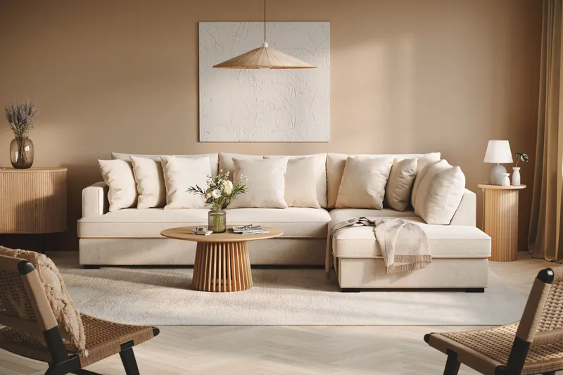 Rossita 4-istuttava Oikeakätinen L-muotoinen Syvä Leponurkkasohva Chenillestä - Beige - Huonekalut - Sohva - Divaanisohva