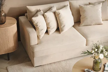 Rossita 4-istuttava Oikeakätinen L-muotoinen Syvä Leponurkkasohva Chenillestä - Beige - Huonekalut - Sohva - Divaanisohva