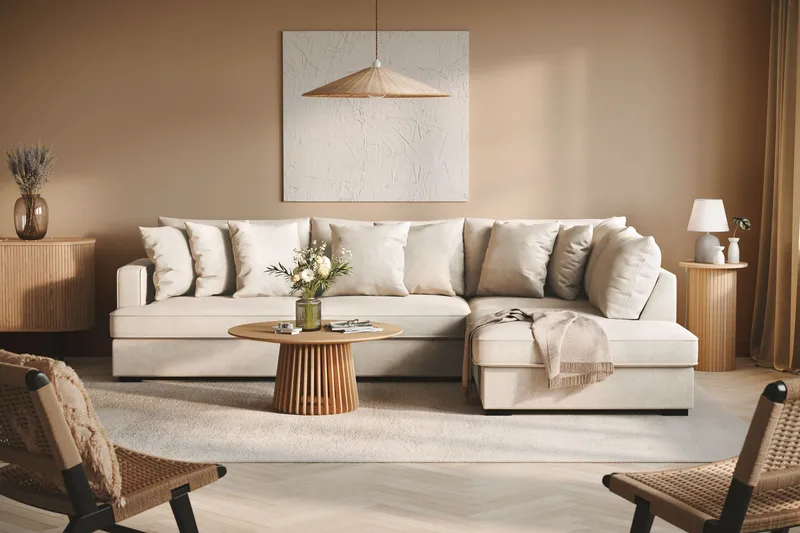 Rossita 4-istuttava Oikeakätinen L-muotoinen Syvä Leponurkkasohva Kankaasta - Beige - Huonekalut - Sohva - Divaanisohva