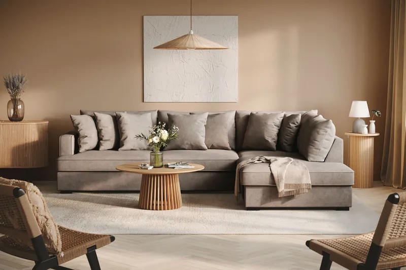 Rossita 4-istuttava Oikeakätinen L-muotoinen Syvä Leponurkkasohva Kankaasta - Ruskea - Huonekalut - Sohva - Divaanisohva