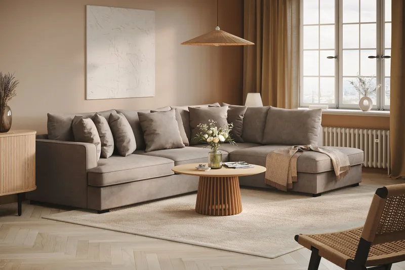 Rossita 4-istuttava Oikeakätinen L-muotoinen Syvä Leponurkkasohva Kankaasta - Ruskea - Huonekalut - Sohva - Divaanisohva