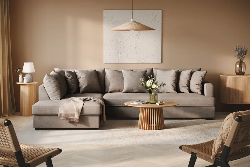 Rossita 4-istuttava Vasenkätinen L-muotoinen Syvä Leponurkkasohva Kankaasta - Ruskea - Huonekalut - Sohva - Divaanisohva