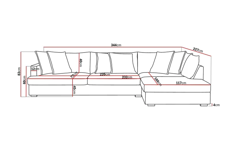 Rossita Lyx 4-istuttava Erittäin syvä Sohva divaanilla Oikea - Tummanharmaa Vakosametti - Huonekalut - Sohva - Divaanisohva