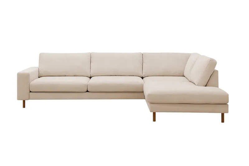 Scandi 4-istuttava syvä vakosamettisohva oikeanpuoleisella lepotuoliosalla, Beige