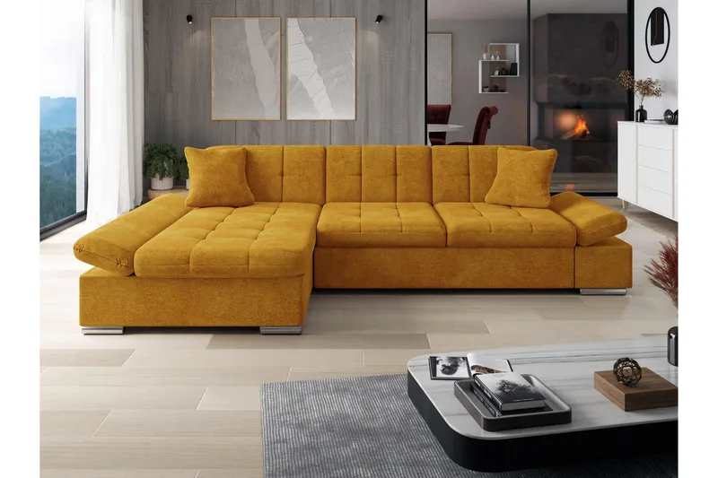 Djerra Vuodesohva Chaiselongilla 3-istuttava Sametti - Keltainen - Huonekalut - Sohva - Vuodesohva