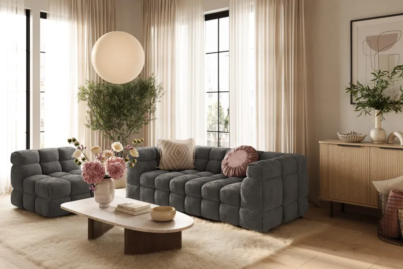 Elise Kupliva Sohvaryhmä 3-istuttava Sohva + Nojatuoli - Tummanharmaa - Huonekalut - Sohva - Sohvaryhmä