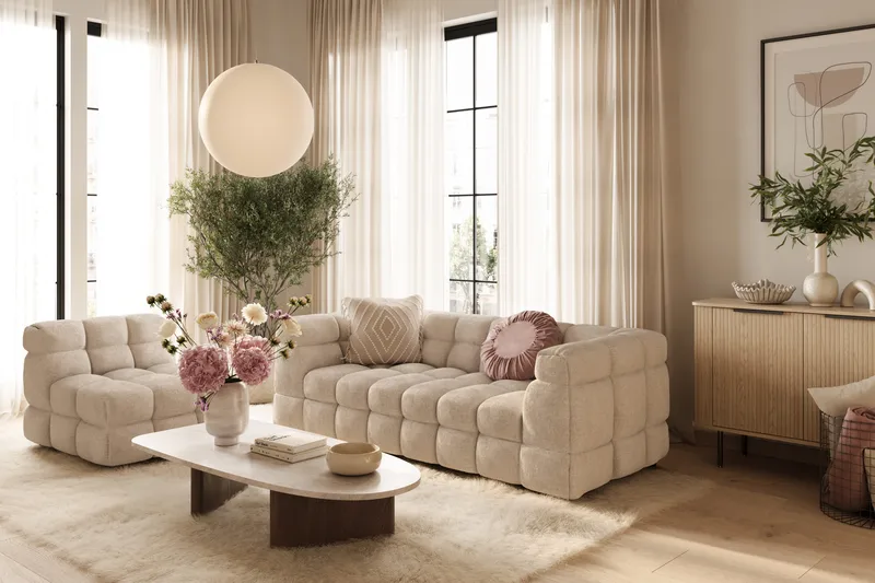 Elise Kupliva Sohvaryhmä 3-istuttava Sohva + Nojatuoli - Beige - Huonekalut - Sohva - Sohvaryhmä