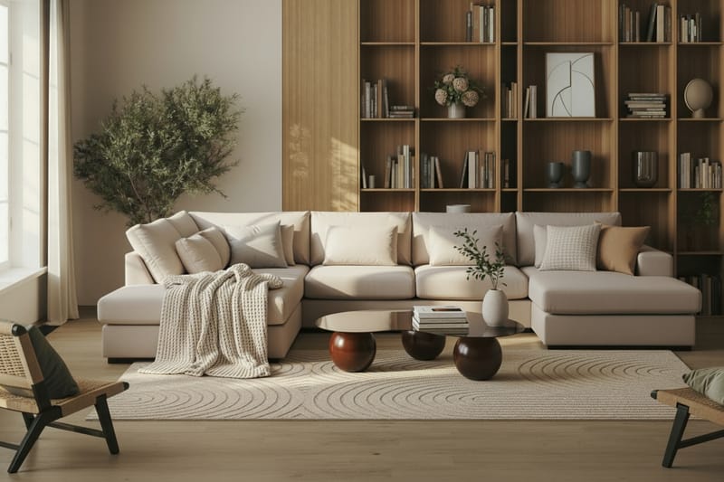 Grande 5-istuttava U-Sohva Divaanilla Oikea - Beige Sametti - Huonekalut - Sohva - Divaanisohva