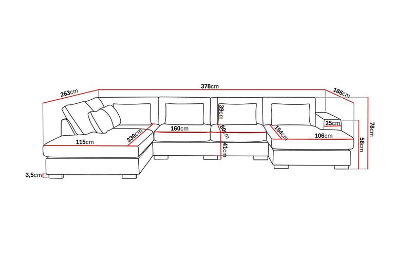 Grande 5-istuttava U-Sohva Divaanilla Oikea - Tummanharmaa Sametti - Huonekalut - Sohva - Divaanisohva