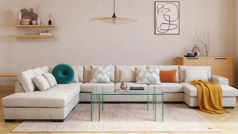 Grande Iso 7-istuttava U-Sohva Divaanilla Oikea - Beige Sametti - Huonekalut - Sohva - Divaanisohva