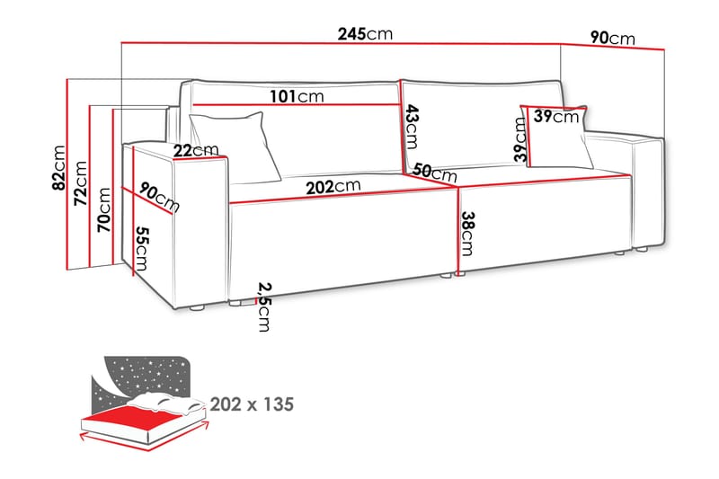 Hobson sohva, 3-ist. - Harmaa - Huonekalut - Sohva - 3:n istuttava sohva