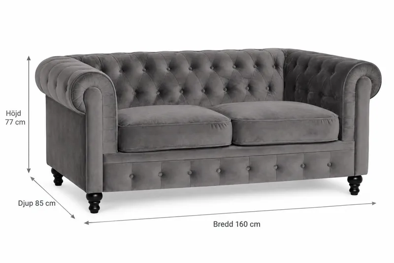 Chesterfield Lyx 2-istuttava pieni samettisohva – Syvä sohva 160 cm leveä - Tummanharmaa - Huonekalut - Sohva - Howard-sohvat
