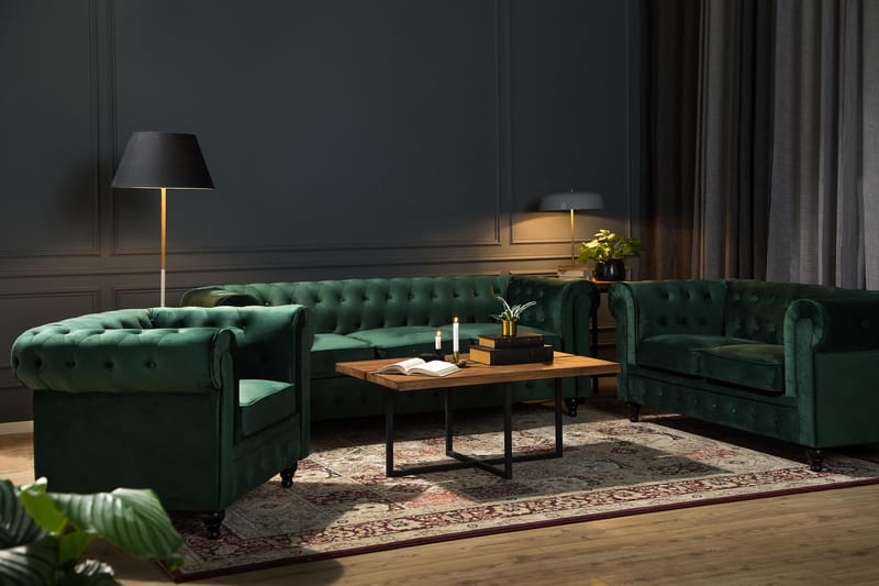 Chesterfield Lyx 3-istuttava samettisohva – Syvä sohva - Vihreä - Huonekalut - Sohva - Howard-sohvat