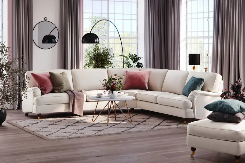 Howard Lyx 6-istuttava Oikeakätinen L-muotoinen Kulmasohva Sametti - Kermanvalkoinen - Huonekalut - Sohva - Howard-sohvat