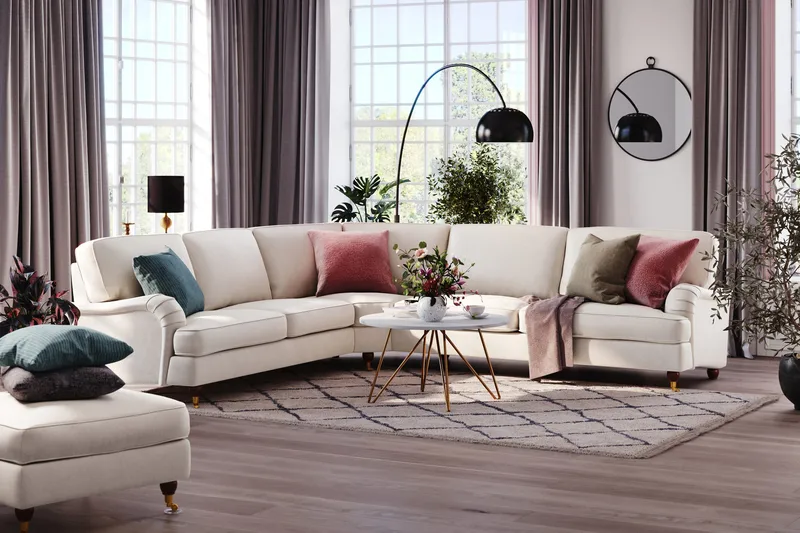 Howard Lyx 6-istuttava Vasenkätinen L-muotoinen Kulmasohva Sametti - Kermanvalkoinen - Huonekalut - Sohva - Howard-sohvat