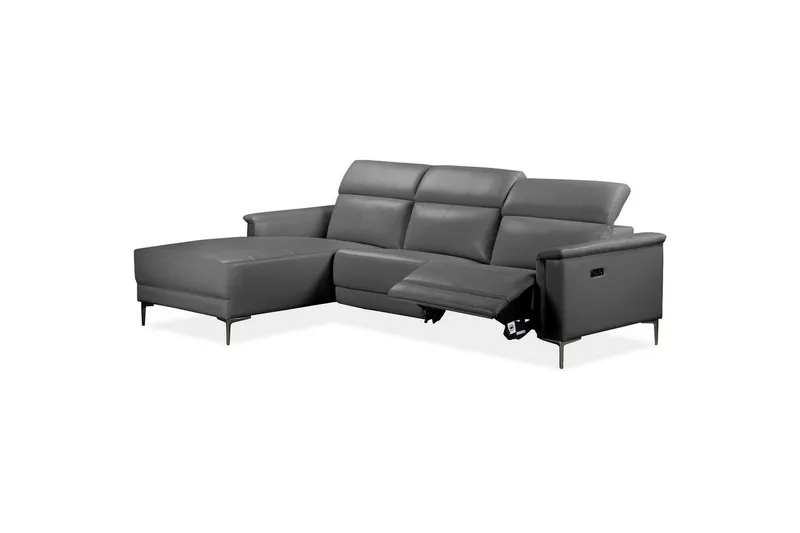 Kulmasohva 3-istuttava Lund Harmaa, Nahka/PU, Vasen Sähkökäyttöinen Levitettävä Tuoli - Harmaa, Nahka/PU, Vasen Sähkökäyttöinen Levitettävä Tuoli - Huonekalut - Sohva - Nahkasohva