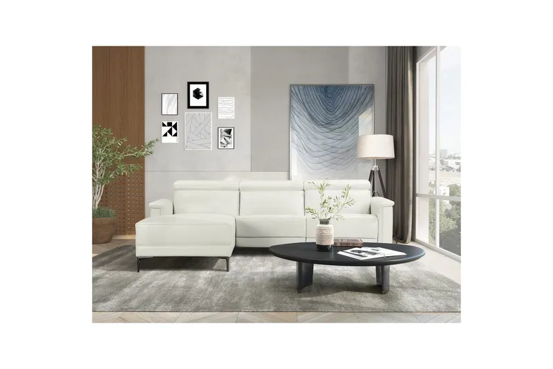 Kulmasohva 3-istuttava Lund Kermanvärinen, PU, Vasen Sähkökäyttöinen Levitettävä Tuoli - Kermanvärinen, PU, Vasen Sähkökäyttöinen Levitettävä Tuoli - Huonekalut - Sohva - Nahkasohva