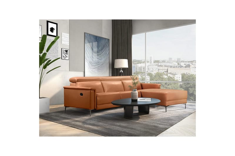 Kulmasohva 3-istuttava Lund Konjakki, Nahka/PU, Manuaalinen oikea lepohuone - Konjakki, Nahka/PU, Manuaalinen oikea lepohuone - Huonekalut - Sohva - Nahkasohva