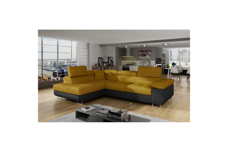 Kulmasohva Eltap Anton 272x203x85 cm - Omega 68, Soft 11, Keltainen, Musta, Vasen - Huonekalut - Sohva - Vuodesohva