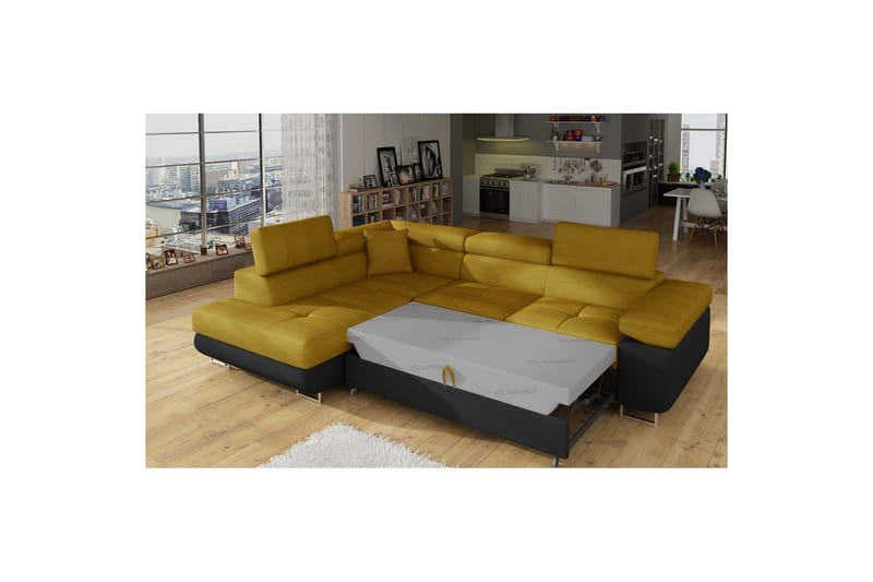 Kulmasohva Eltap Anton 272x203x85 cm - Omega 68, Soft 11, Keltainen, Musta, Vasen - Huonekalut - Sohva - Vuodesohva