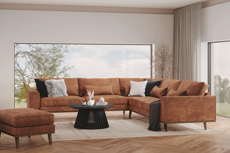 Copenhagen 6-istuttava L-muotoinen Kulmasohva Keinonahkalla - Ruskea - Huonekalut - Sohva - Kulmasohva