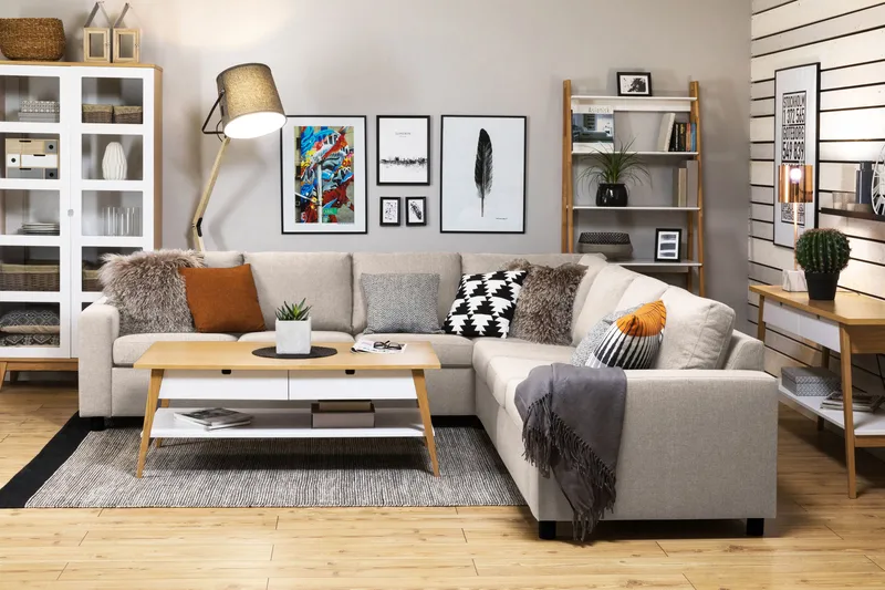 Crazy 6-istuttava Käännettävä L-muotoinen X-Large Kulmasohva Kankaalla - Beige - Huonekalut - Sohva - Kulmasohva