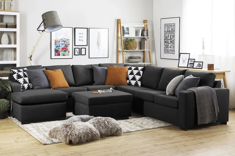 Crazy 6-istuttava Vasenkätinen U-muotoinen Large Kulmasohva Divaanilla Kankaalla - Antrasiitti - Huonekalut - Sohva - Kulmasohva - Kulmadivaanisohva