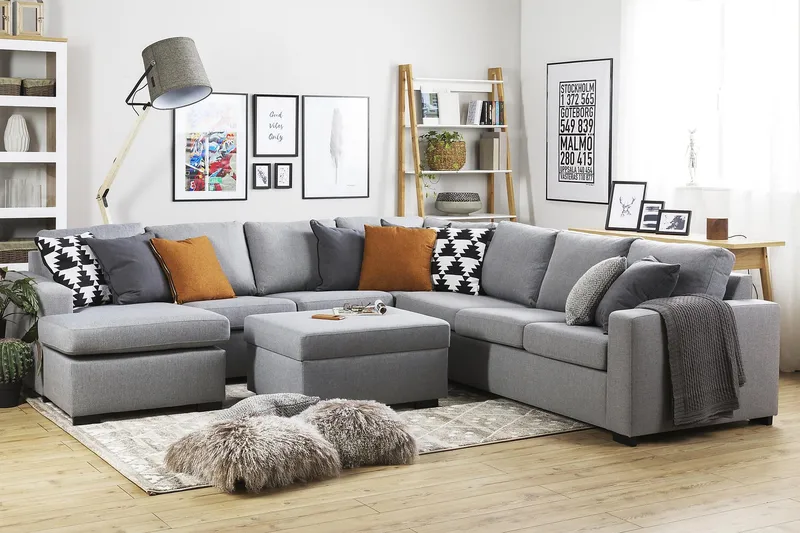Crazy 6-istuttava Vasenkätinen U-muotoinen Large Kulmasohva Divaanilla Kankaalla - Harmaa - Huonekalut - Sohva - Kulmasohva - Kulmadivaanisohva