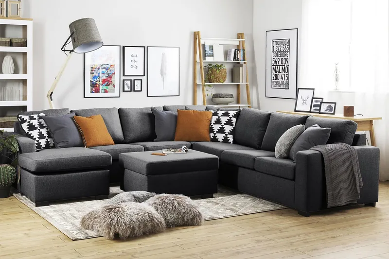 Crazy 6-istuttava Vasenkätinen U-muotoinen Large Kulmasohva Divaanilla Kankaalla - Tummanharmaa - Huonekalut - Sohva - Kulmasohva - Kulmadivaanisohva