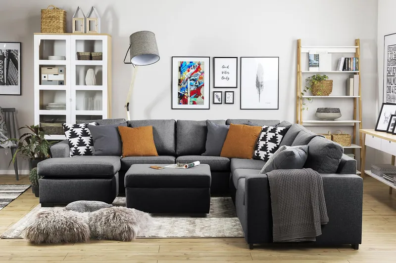 Crazy 6-istuttava Vasenkätinen U-muotoinen Large Kulmasohva Divaanilla Kankaalla - Tummanharmaa - Huonekalut - Sohva - Kulmasohva - Kulmadivaanisohva