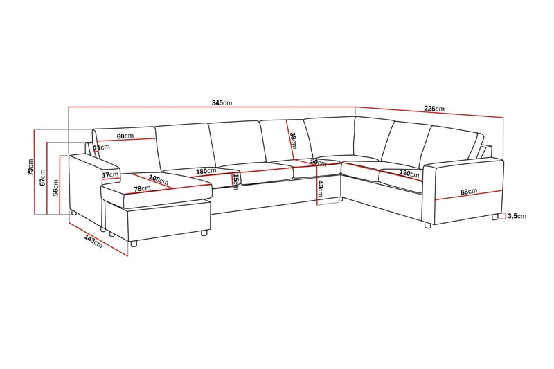 Crazy 6-istuttava Vasenkätinen U-muotoinen X-Large Kulmasohva Divaanilla Kankaalla - Antrasiitti - Huonekalut - Sohva - Kulmasohva - Kulmadivaanisohva