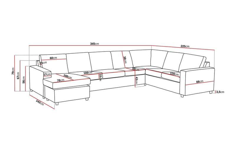 Crazy 6-istuttava Vasenkätinen U-muotoinen X-Large Kulmasohva Divaanilla Kankaalla - Antrasiitti - Huonekalut - Sohva - Kulmasohva - Kulmadivaanisohva