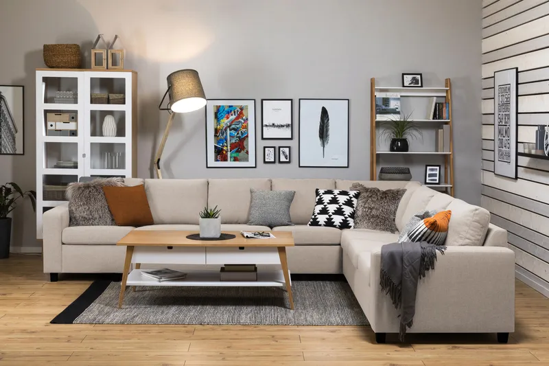 Crazy 7-istuttava Käännettävä L-muotoinen XX-Large Kulmasohva Kankaalla - Beige - Huonekalut - Sohva - Kulmasohva