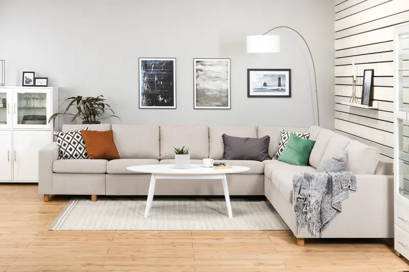 Crazy 7-istuttava Käännettävä L-muotoinen XX-Large Kulmasohva Kankaalla - Beige - Huonekalut - Sohva - Kulmasohva