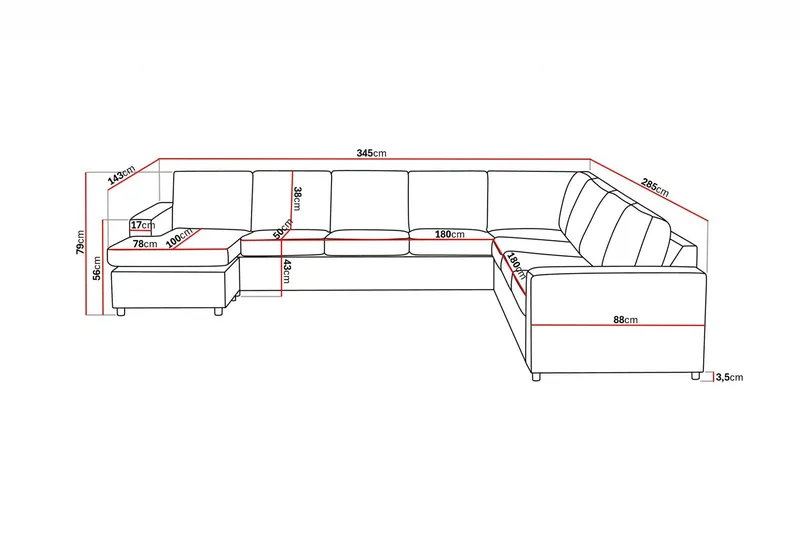 Crazy 7-istuttava Käännettävä U-muotoinen XX-Large Kulmasohva Divaanilla Kankaalla - Tummanharmaa / Antrasiitti - Huonekalut - Sohva - Kulmasohva - Kulmadivaanisohva