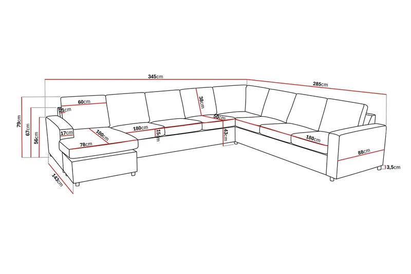 Crazy 7-istuttava Käännettävä U-muotoinen XX-Large Kulmasohva Divaanilla Kankaalla - Tummanharmaa / Antrasiitti - Huonekalut - Sohva - Kulmasohva - Kulmadivaanisohva