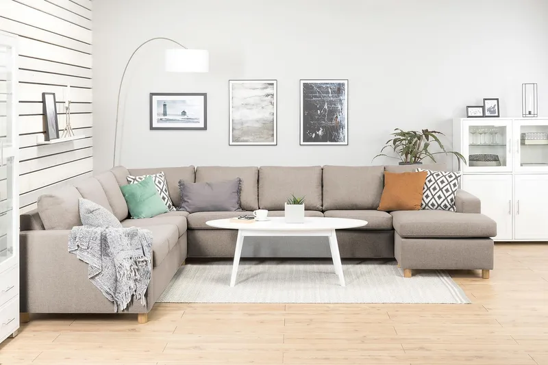 Crazy 7-istuttava oikeakätinen U-muotoinen XX-Large-kulmasohva divaanilla, kangasta - Beige - Huonekalut - Sohva - Kulmasohva - Kulmadivaanisohva