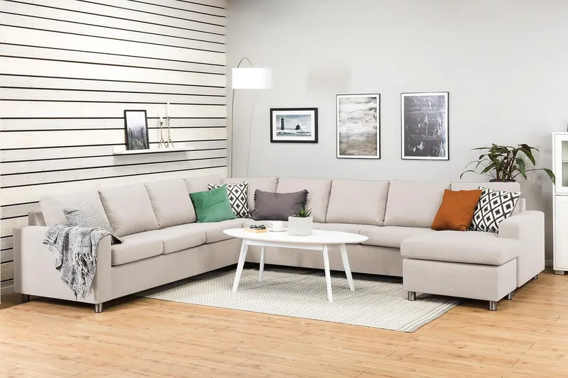 Crazy 7-istuttava oikeakätinen U-muotoinen XX-Large-kulmasohva divaanilla, kangasta - Beige - Huonekalut - Sohva - Kulmasohva - Kulmadivaanisohva