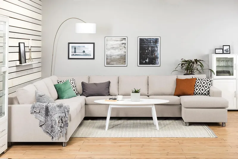 Crazy 7-istuttava Oikeakätinen U-muotoinen XX-Large Kulmasohva Divaanilla Kankaalla - Beige - Huonekalut - Sohva - Kulmasohva - Kulmadivaanisohva