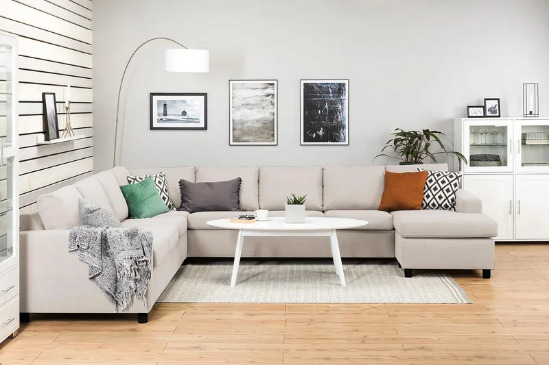 Crazy 7-istuttava Oikeakätinen U-muotoinen XX-Large Kulmasohva Divaanilla Kankaalla - Beige - Huonekalut - Sohva - Kulmasohva - Kulmadivaanisohva