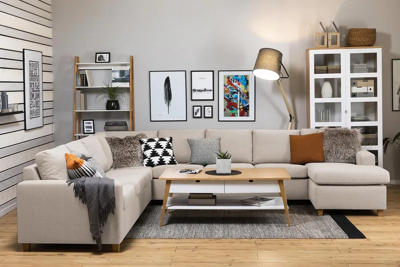 Crazy 7-istuttava Oikeakätinen U-muotoinen XX-Large Kulmasohva Divaanilla Kankaalla - Beige - Huonekalut - Sohva - Kulmasohva - Kulmadivaanisohva