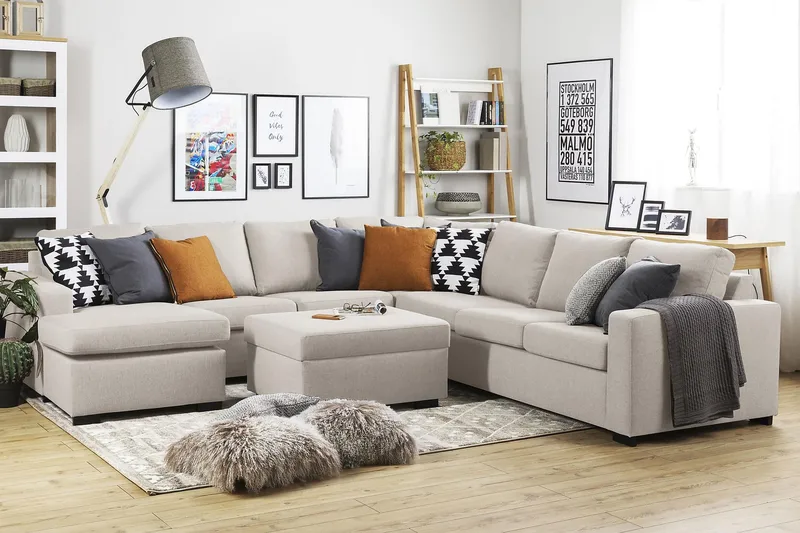 Crazy 6-istuttava Vasenkätinen U-muotoinen Large Kulmasohva Divaanilla Kankaalla - Beige - Huonekalut - Sohva - Kulmasohva - Kulmadivaanisohva