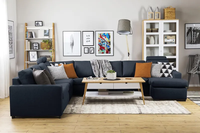 Crazy 7-istuttava Oikeakätinen U-muotoinen XX-Large Kulmasohva Divaanilla Kankaalla - Sininen - Huonekalut - Sohva - Kulmasohva - Kulmadivaanisohva