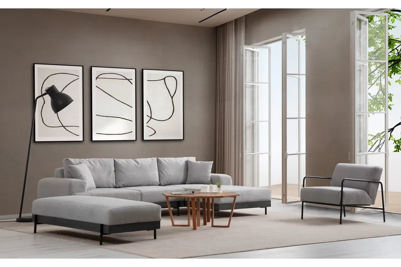 Kulmasohva Eti 3:n ist - Harmaa - Huonekalut - Sohva - Divaanisohva - 4 istuttava sohva divaanilla