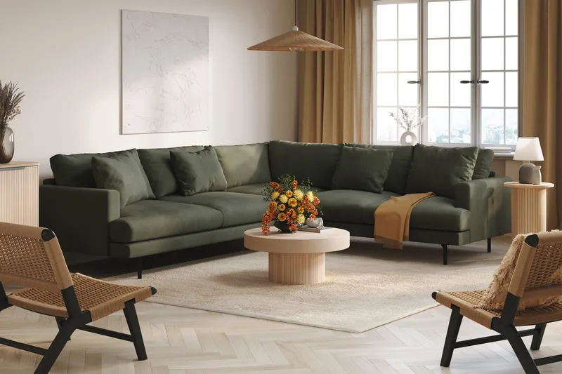 Menard 6-istuttava Oikeakätinen L-muotoinen Kulmasohva Manchesterista - Tummanvihreä - Huonekalut - Sohva - Kulmasohva