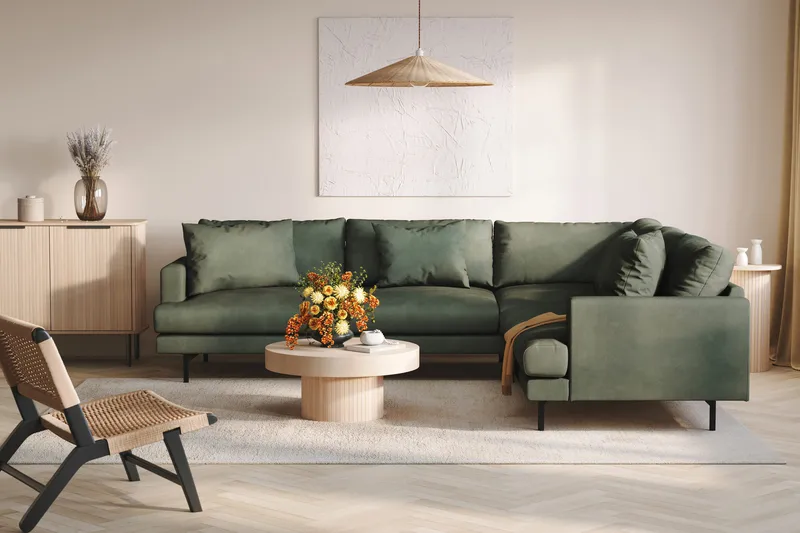 Menard 6-istuttava Oikeakätinen L-muotoinen Kulmasohva Manchesterista - Vihreä - Huonekalut - Sohva - Kulmasohva