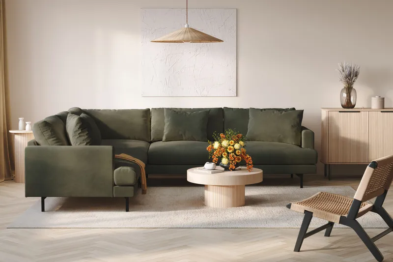 Menard 6-istuttava Vasenkätinen L-muotoinen Kulmasohva Manchesterista - Tummanvihreä - Huonekalut - Sohva - Kulmasohva