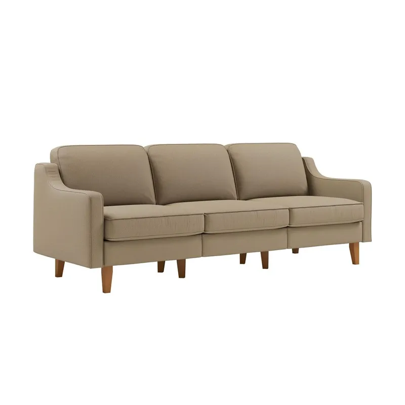 Lorvas 3-istuttava syvä sohva kaarevilla käsinojilla kangasta puujaloilla, Beige