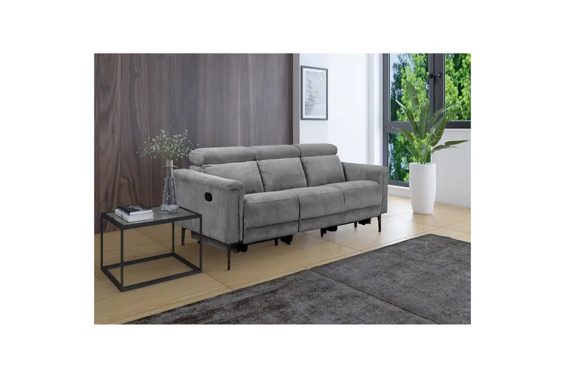 Lund 3-istuttava suorakulmainen kotiteatterisohva recliner 222 cm vakosametissa - Harmaa - Huonekalut - Sohva - Mekanismisohva - 3 istuttava mekanismisohva